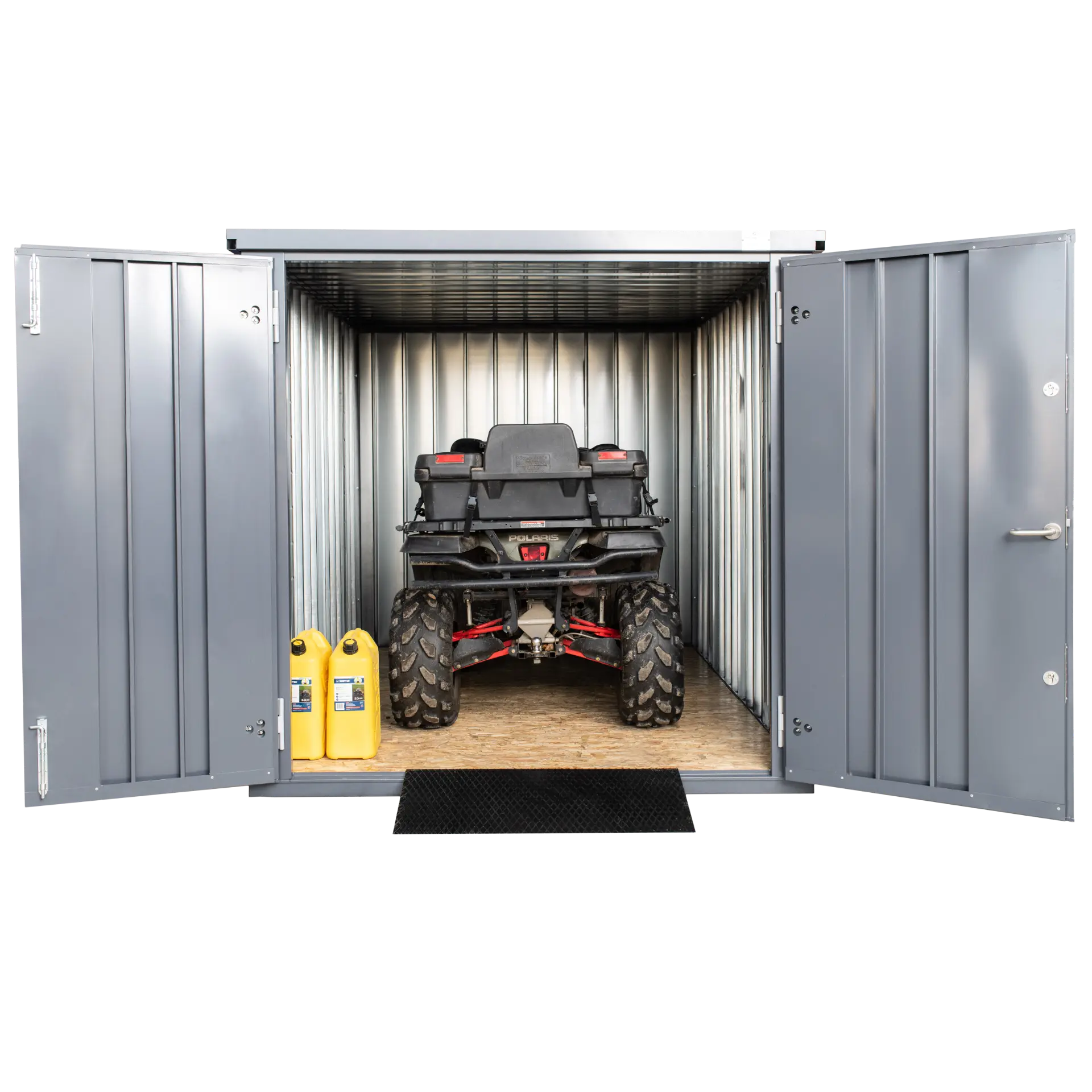ATV and fuel cans stored inside a Longbox container
